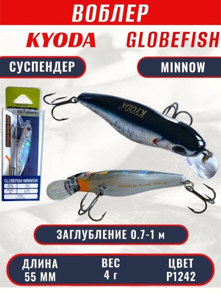 Воблер KYODA Globefish Minnow-55SP, длина 5,5 см, вес 4.0 гр цвет P1242, заглубление 0,7-1,0 м